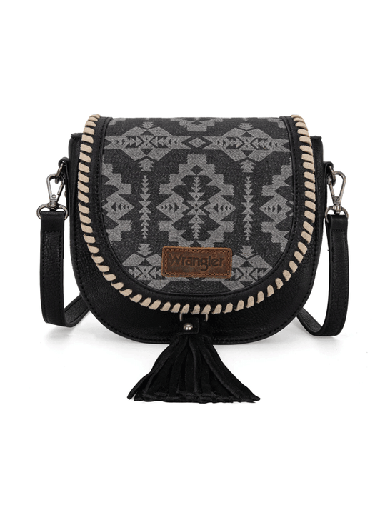 Wrangler WG2212-8136BK Womens Southwestern Print Saddle Bag Black front view. If you need any assistance with this item or the purchase of this item please call us at five six one seven four eight eight eight zero one Monday through Saturday 10:00a.m EST to 8:00 p.m EST