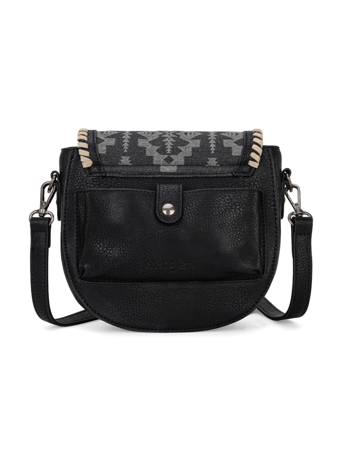 Wrangler WG2212-8136BK Womens Southwestern Print Saddle Bag Black front view. If you need any assistance with this item or the purchase of this item please call us at five six one seven four eight eight eight zero one Monday through Saturday 10:00a.m EST to 8:00 p.m EST