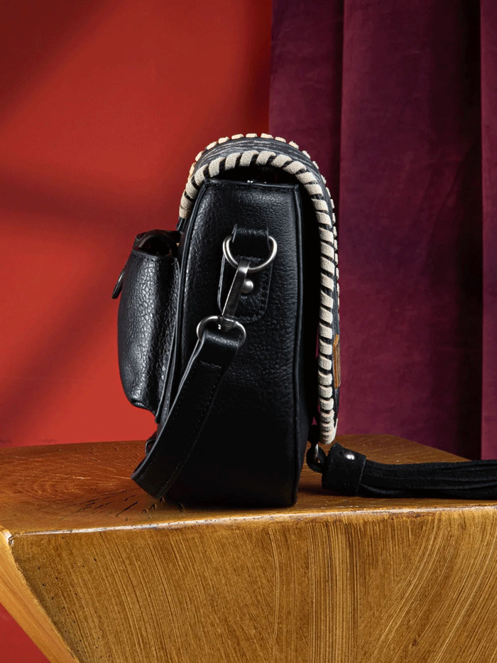 Wrangler WG2212-8136BK Womens Southwestern Print Saddle Bag Black front view. If you need any assistance with this item or the purchase of this item please call us at five six one seven four eight eight eight zero one Monday through Saturday 10:00a.m EST to 8:00 p.m EST