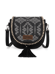 Wrangler WG2212-8136BK Womens Southwestern Print Saddle Bag Black front view. If you need any assistance with this item or the purchase of this item please call us at five six one seven four eight eight eight zero one Monday through Saturday 10:00a.m EST to 8:00 p.m EST