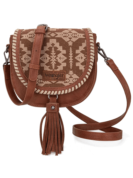 Wrangler WG2212-8136BR Womens Southwestern Print Saddle Bag Brown front view. If you need any assistance with this item or the purchase of this item please call us at five six one seven four eight eight eight zero one Monday through Saturday 10:00a.m EST to 8:00 p.m EST
