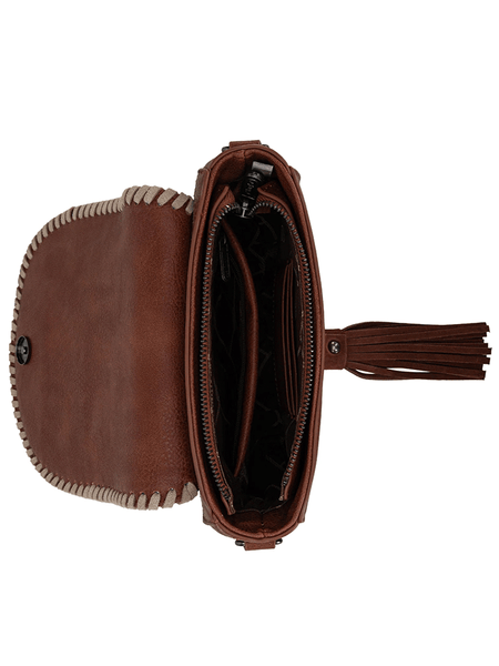 Wrangler WG2212-8136BR Womens Southwestern Print Saddle Bag Brown inside view. If you need any assistance with this item or the purchase of this item please call us at five six one seven four eight eight eight zero one Monday through Saturday 10:00a.m EST to 8:00 p.m EST