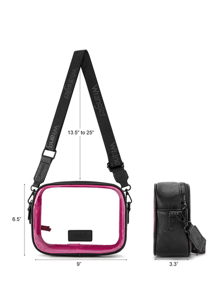 Wrangler WG229-603BK-HPK Womens Clear Crossbody Bag / Stadium Bag Black Hot Pink measurements and side view. If you need any assistance with this item or the purchase of this item please call us at five six one seven four eight eight eight zero one Monday through Saturday 10:00a.m EST to 8:00 p.m EST