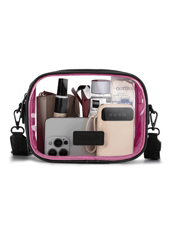 Wrangler WG229-603BK-HPK Womens Clear Crossbody Bag / Stadium Bag Black Hot Pink front view. If you need any assistance with this item or the purchase of this item please call us at five six one seven four eight eight eight zero one Monday through Saturday 10:00a.m EST to 8:00 p.m EST