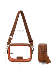 Wrangler WG229-603BR Womens Clear Crossbody Bag / Stadium Bag Brown measurements and side view. If you need any assistance with this item or the purchase of this item please call us at five six one seven four eight eight eight zero one Monday through Saturday 10:00a.m EST to 8:00 p.m EST