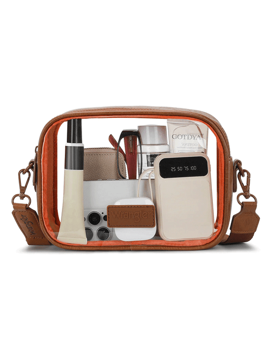 Wrangler WG229-603BR Womens Clear Crossbody Bag / Stadium Bag Brown front view. If you need any assistance with this item or the purchase of this item please call us at five six one seven four eight eight eight zero one Monday through Saturday 10:00a.m EST to 8:00 p.m EST