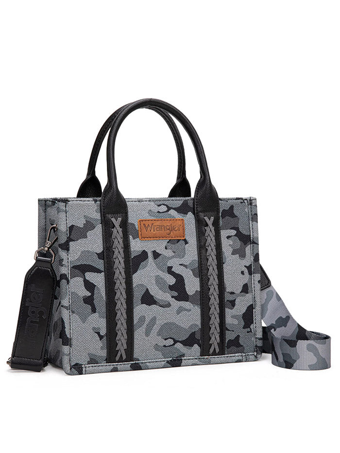 Wrangler WG286-8120SBK Womens Camo Tote/Crossbody Bag Black front view. If you need any assistance with this item or the purchase of this item please call us at five six one seven four eight eight eight zero one Monday through Saturday 10:00a.m EST to 8:00 p.m EST