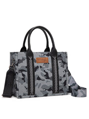 Wrangler WG286-8120SBK Womens Camo Tote/Crossbody Bag Black front view. If you need any assistance with this item or the purchase of this item please call us at five six one seven four eight eight eight zero one Monday through Saturday 10:00a.m EST to 8:00 p.m EST