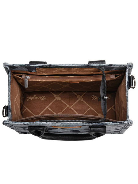 Wrangler WG286-8120SBK Womens Camo Tote/Crossbody Bag Black inside view. If you need any assistance with this item or the purchase of this item please call us at five six one seven four eight eight eight zero one Monday through Saturday 10:00a.m EST to 8:00 p.m EST