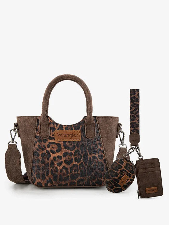 Wrangler WG296-8015CF Womens Leopard Print Small Tote/Crossbody Bag Coffee front view. If you need any assistance with this item or the purchase of this item please call us at five six one seven four eight eight eight zero one Monday through Saturday 10:00a.m EST to 8:00 p.m EST