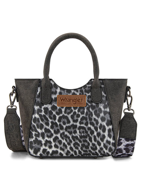 Wrangler WG296-8015BK Womens Leopard Print Small Tote/Crossbody Bag Black front view. If you need any assistance with this item or the purchase of this item please call us at five six one seven four eight eight eight zero one Monday through Saturday 10:00a.m EST to 8:00 p.m EST