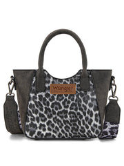 Wrangler WG296-8015BK Womens Leopard Print Small Tote/Crossbody Bag Black front view. If you need any assistance with this item or the purchase of this item please call us at five six one seven four eight eight eight zero one Monday through Saturday 10:00a.m EST to 8:00 p.m EST