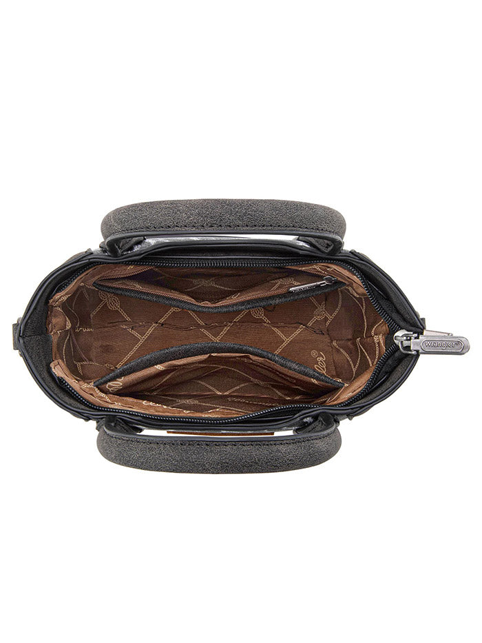 Wrangler WG296-8015BK Womens Leopard Print Small Tote/Crossbody Bag Black front view. If you need any assistance with this item or the purchase of this item please call us at five six one seven four eight eight eight zero one Monday through Saturday 10:00a.m EST to 8:00 p.m EST