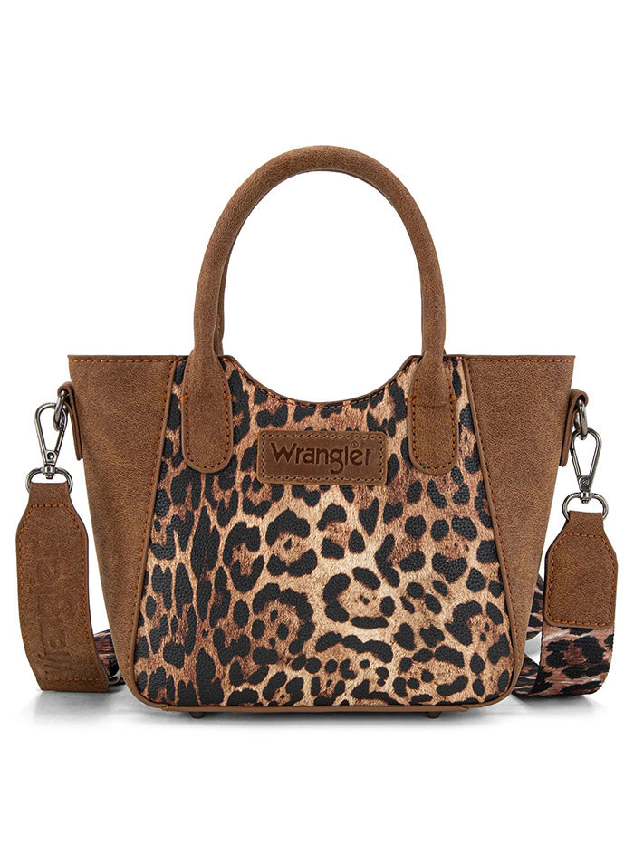 Wrangler WG296-8015BR Womens Leopard Print Small Tote/Crossbody Bag Brown front view. If you need any assistance with this item or the purchase of this item please call us at five six one seven four eight eight eight zero one Monday through Saturday 10:00a.m EST to 8:00 p.m EST