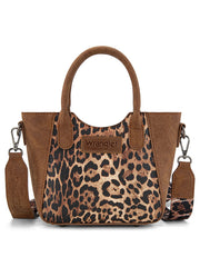 Wrangler WG296-8015BR Womens Leopard Print Small Tote/Crossbody Bag Brown front view. If you need any assistance with this item or the purchase of this item please call us at five six one seven four eight eight eight zero one Monday through Saturday 10:00a.m EST to 8:00 p.m EST