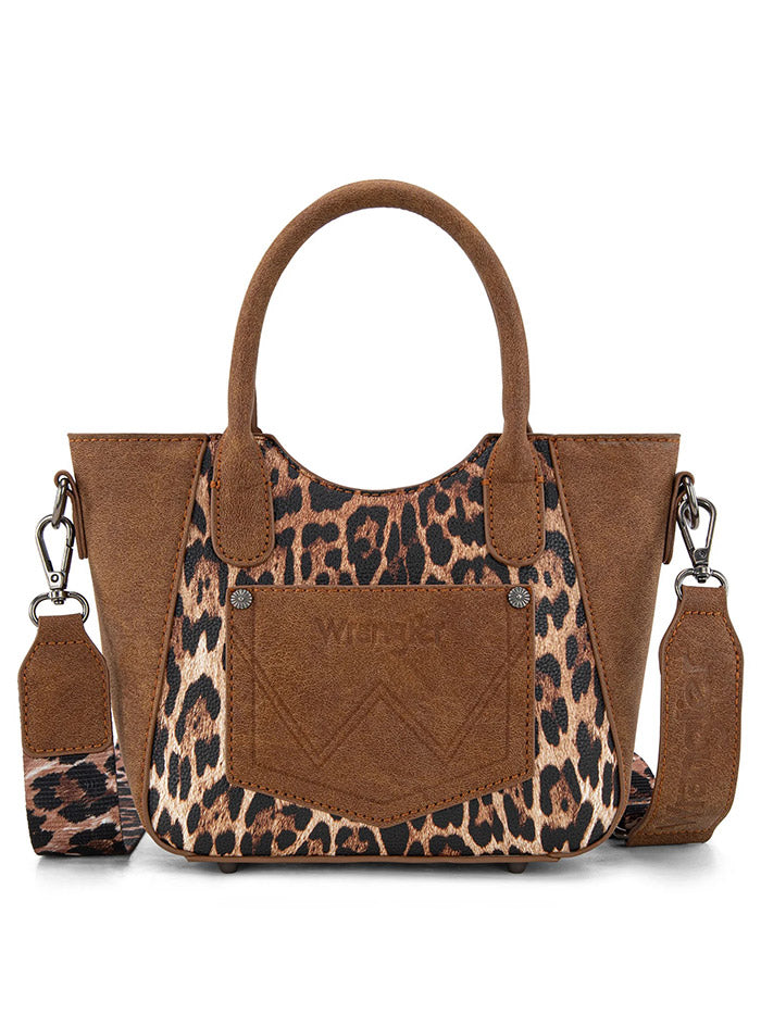 Wrangler WG296-8015BR Womens Leopard Print Small Tote/Crossbody Bag Brown front view. If you need any assistance with this item or the purchase of this item please call us at five six one seven four eight eight eight zero one Monday through Saturday 10:00a.m EST to 8:00 p.m EST