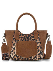 Wrangler WG296-8015BR Womens Leopard Print Small Tote/Crossbody Bag Brown back view. If you need any assistance with this item or the purchase of this item please call us at five six one seven four eight eight eight zero one Monday through Saturday 10:00a.m EST to 8:00 p.m EST