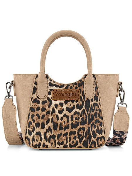 Wrangler WG296-8015TN Womens Leopard Print Small Tote/Crossbody Bag Tan front view. If you need any assistance with this item or the purchase of this item please call us at five six one seven four eight eight eight zero one Monday through Saturday 10:00a.m EST to 8:00 p.m EST