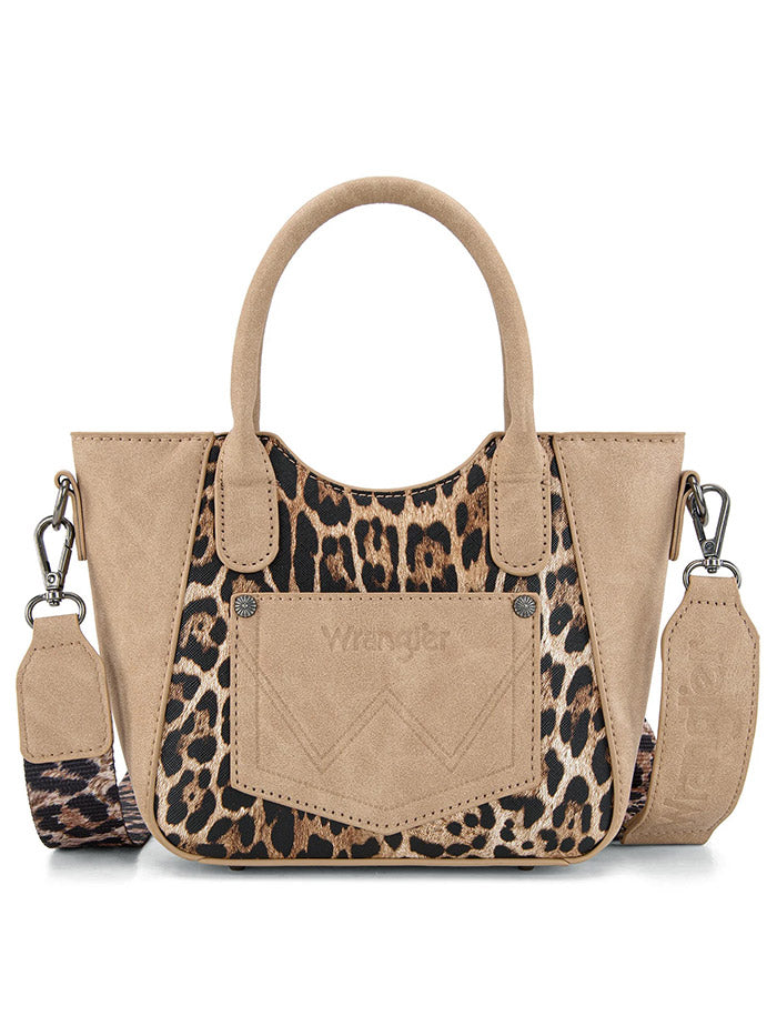 Wrangler WG296-8015TN Womens Leopard Print Small Tote/Crossbody Bag Tan front view. If you need any assistance with this item or the purchase of this item please call us at five six one seven four eight eight eight zero one Monday through Saturday 10:00a.m EST to 8:00 p.m EST