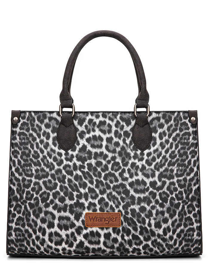 Wrangler WG296-8625BK Womens Leopard Print Wide Tote/Crossbody Bag Black front view. If you need any assistance with this item or the purchase of this item please call us at five six one seven four eight eight eight zero one Monday through Saturday 10:00a.m EST to 8:00 p.m EST