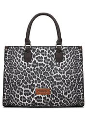 Wrangler WG296-8625BK Womens Leopard Print Wide Tote/Crossbody Bag Black front view. If you need any assistance with this item or the purchase of this item please call us at five six one seven four eight eight eight zero one Monday through Saturday 10:00a.m EST to 8:00 p.m EST