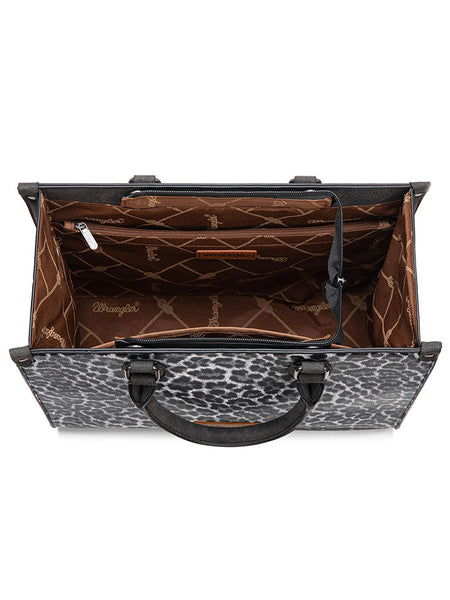 Wrangler WG296-8625BK Womens Leopard Print Wide Tote/Crossbody Bag Black inside view. If you need any assistance with this item or the purchase of this item please call us at five six one seven four eight eight eight zero one Monday through Saturday 10:00a.m EST to 8:00 p.m EST