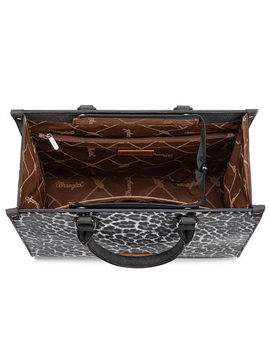 Wrangler WG296-8625BK Womens Leopard Print Wide Tote/Crossbody Bag Black inside view. If you need any assistance with this item or the purchase of this item please call us at five six one seven four eight eight eight zero one Monday through Saturday 10:00a.m EST to 8:00 p.m EST