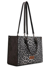 Wrangler WG296-8625BK Womens Leopard Print Wide Tote/Crossbody Bag Black side view. If you need any assistance with this item or the purchase of this item please call us at five six one seven four eight eight eight zero one Monday through Saturday 10:00a.m EST to 8:00 p.m EST