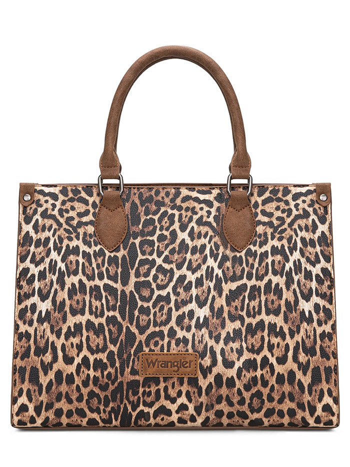 Wrangler WG296-8625BR Womens Leopard Print Wide Tote/Crossbody Bag Brown front view. If you need any assistance with this item or the purchase of this item please call us at five six one seven four eight eight eight zero one Monday through Saturday 10:00a.m EST to 8:00 p.m EST