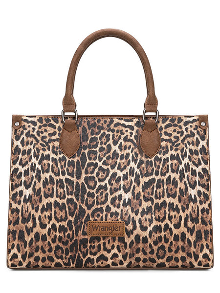 Wrangler WG296-8625BR Womens Leopard Print Wide Tote/Crossbody Bag Brown front view. If you need any assistance with this item or the purchase of this item please call us at five six one seven four eight eight eight zero one Monday through Saturday 10:00a.m EST to 8:00 p.m EST