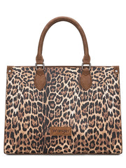 Wrangler WG296-8625BR Womens Leopard Print Wide Tote/Crossbody Bag Brown front view. If you need any assistance with this item or the purchase of this item please call us at five six one seven four eight eight eight zero one Monday through Saturday 10:00a.m EST to 8:00 p.m EST