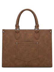 Wrangler WG296-8625BR Womens Leopard Print Wide Tote/Crossbody Bag Brown back view. If you need any assistance with this item or the purchase of this item please call us at five six one seven four eight eight eight zero one Monday through Saturday 10:00a.m EST to 8:00 p.m EST