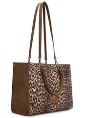 Wrangler WG296-8625BR Womens Leopard Print Wide Tote/Crossbody Bag Brown side view. If you need any assistance with this item or the purchase of this item please call us at five six one seven four eight eight eight zero one Monday through Saturday 10:00a.m EST to 8:00 p.m EST