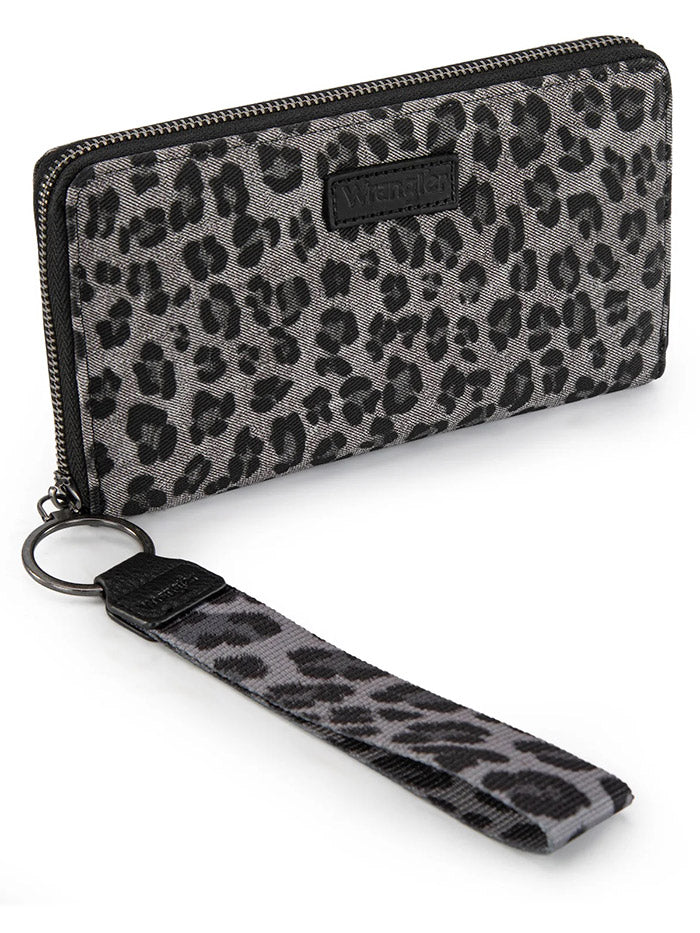 Wrangler WG366-W006BK Womens Leopard Print Wallet/Wristlet Bag Black front view. If you need any assistance with this item or the purchase of this item please call us at five six one seven four eight eight eight zero one Monday through Saturday 10:00a.m EST to 8:00 p.m EST