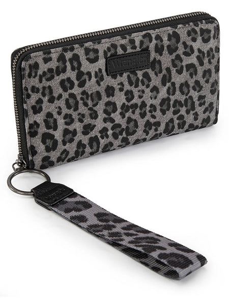 Wrangler WG366-W006BK Womens Leopard Print Wallet/Wristlet Bag Black front view. If you need any assistance with this item or the purchase of this item please call us at five six one seven four eight eight eight zero one Monday through Saturday 10:00a.m EST to 8:00 p.m EST