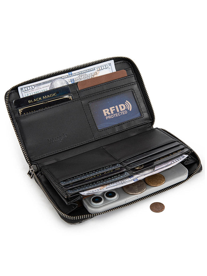 Wrangler WG366-W006BK Womens Leopard Print Wallet/Wristlet Bag Black front view. If you need any assistance with this item or the purchase of this item please call us at five six one seven four eight eight eight zero one Monday through Saturday 10:00a.m EST to 8:00 p.m EST