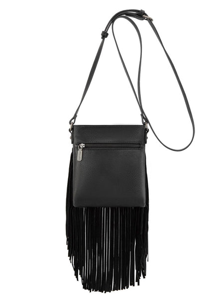 Wrangler WG367-8360BK Womens Leather Fringe Jean Denim Pocket Crossbody Bag Black back view. If you need any assistance with this item or the purchase of this item please call us at five six one seven four eight eight eight zero one Monday through Saturday 10:00a.m EST to 8:00 p.m EST
