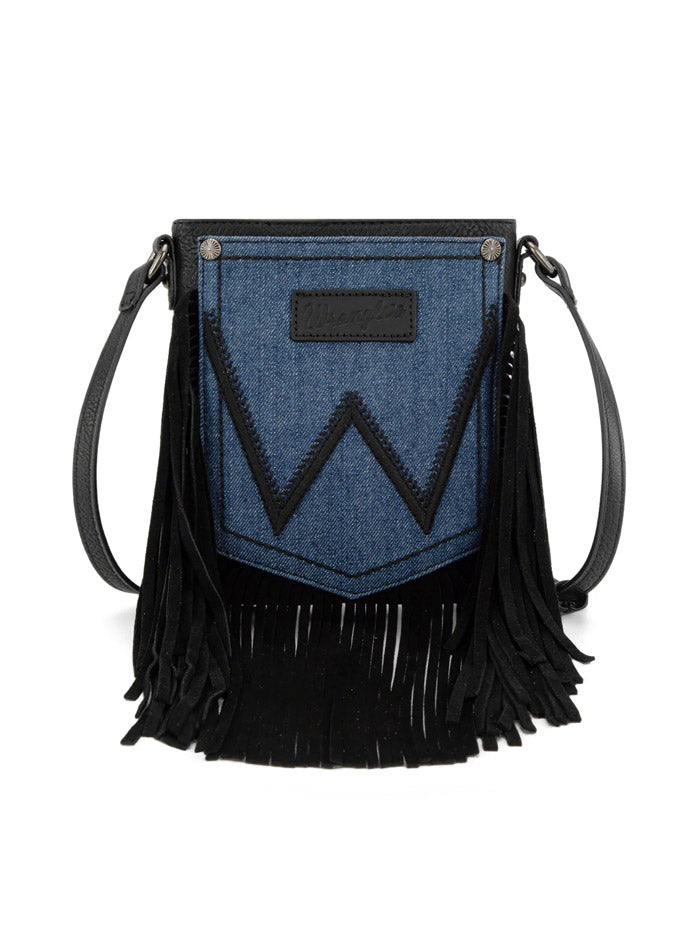 Wrangler WG367-8360BK Womens Leather Fringe Jean Denim Pocket Crossbody Bag Black front view. If you need any assistance with this item or the purchase of this item please call us at five six one seven four eight eight eight zero one Monday through Saturday 10:00a.m EST to 8:00 p.m EST
