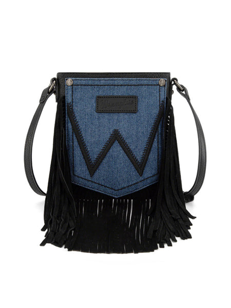 Wrangler WG367-8360BK Womens Leather Fringe Jean Denim Pocket Crossbody Bag Black front view. If you need any assistance with this item or the purchase of this item please call us at five six one seven four eight eight eight zero one Monday through Saturday 10:00a.m EST to 8:00 p.m EST
