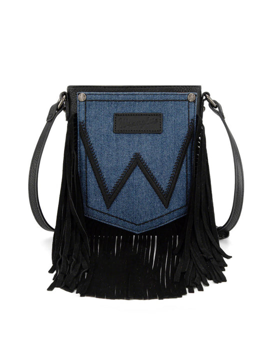 Wrangler WG367-8360BK Womens Leather Fringe Jean Denim Pocket Crossbody Bag Black front view. If you need any assistance with this item or the purchase of this item please call us at five six one seven four eight eight eight zero one Monday through Saturday 10:00a.m EST to 8:00 p.m EST
