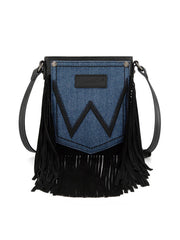 Wrangler WG367-8360BK Womens Leather Fringe Jean Denim Pocket Crossbody Bag Black front view. If you need any assistance with this item or the purchase of this item please call us at five six one seven four eight eight eight zero one Monday through Saturday 10:00a.m EST to 8:00 p.m EST
