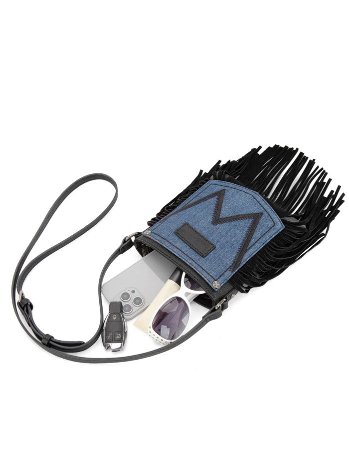 Wrangler WG367-8360BK Womens Leather Fringe Jean Denim Pocket Crossbody Bag Black front view. If you need any assistance with this item or the purchase of this item please call us at five six one seven four eight eight eight zero one Monday through Saturday 10:00a.m EST to 8:00 p.m EST
