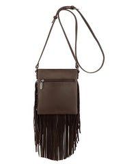 Wrangler WG367-8360CF Womens Leather Fringe Jean Denim Pocket Crossbody Bag Coffee back view. If you need any assistance with this item or the purchase of this item please call us at five six one seven four eight eight eight zero one Monday through Saturday 10:00a.m EST to 8:00 p.m EST