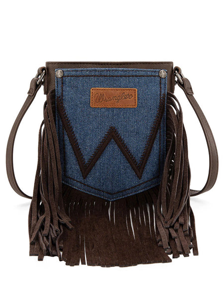 Wrangler WG367-8360CF Womens Leather Fringe Jean Denim Pocket Crossbody Bag Coffee front view. If you need any assistance with this item or the purchase of this item please call us at five six one seven four eight eight eight zero one Monday through Saturday 10:00a.m EST to 8:00 p.m EST
