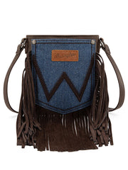 Wrangler WG367-8360CF Womens Leather Fringe Jean Denim Pocket Crossbody Bag Coffee front view. If you need any assistance with this item or the purchase of this item please call us at five six one seven four eight eight eight zero one Monday through Saturday 10:00a.m EST to 8:00 p.m EST
