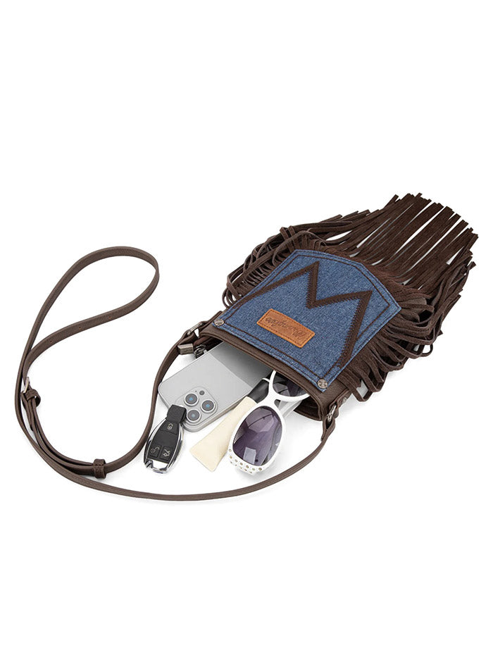 Wrangler WG367-8360CF Womens Leather Fringe Jean Denim Pocket Crossbody Bag Coffee front view. If you need any assistance with this item or the purchase of this item please call us at five six one seven four eight eight eight zero one Monday through Saturday 10:00a.m EST to 8:00 p.m EST