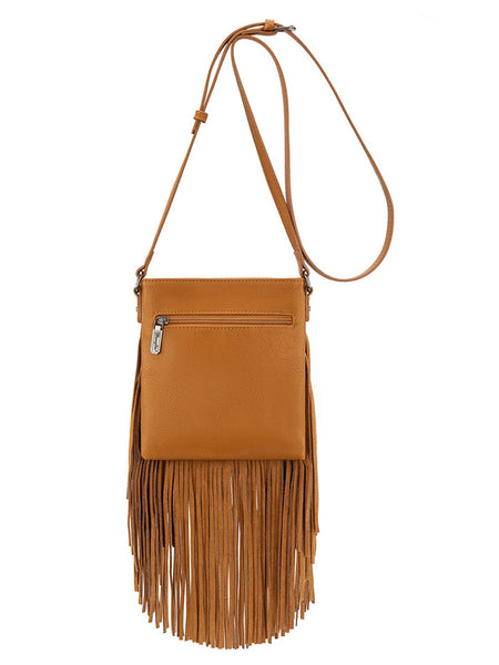Wrangler WG367-8360LBR Womens Leather Fringe Jean Denim Pocket Crossbody Bag Light Brown back view. If you need any assistance with this item or the purchase of this item please call us at five six one seven four eight eight eight zero one Monday through Saturday 10:00a.m EST to 8:00 p.m EST