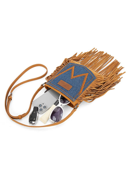 Wrangler WG367-8360LBR Womens Leather Fringe Jean Denim Pocket Crossbody Bag Light Brown alternate view. If you need any assistance with this item or the purchase of this item please call us at five six one seven four eight eight eight zero one Monday through Saturday 10:00a.m EST to 8:00 p.m EST