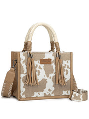 Wrangler WG386-8120SKH Womens Cow Print Tote/Crossbody Bag Khaki front view. If you need any assistance with this item or the purchase of this item please call us at five six one seven four eight eight eight zero one Monday through Saturday 10:00a.m EST to 8:00 p.m EST