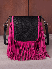 Montana West RLC-L159BK-HPK Womens Genuine Leather Tooled Collection Fringe Crossbody Black Hot Pink front view. If you need any assistance with this item or the purchase of this item please call us at five six one seven four eight eight eight zero one Monday through Saturday 10:00a.m EST to 8:00 p.m EST